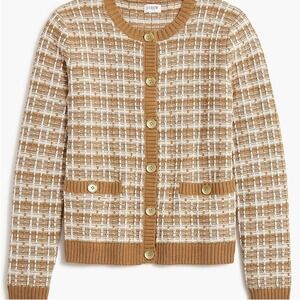 J. Crew Tweed lady cardigan sweater Brown & White Plaid w/ Gold Buttons EUC sz S